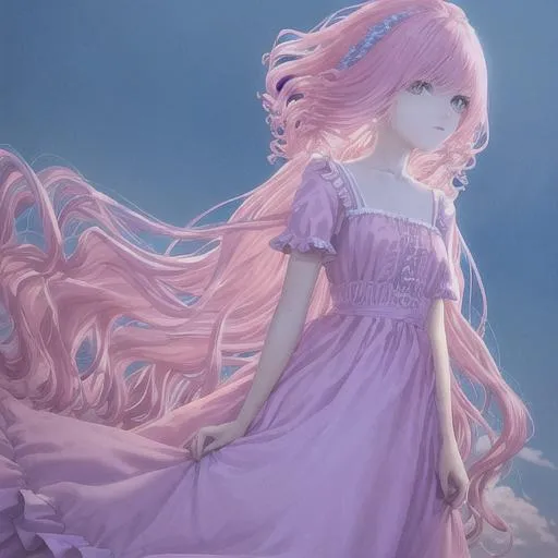 Prompt: A beautiful girl like Cotton candy, she is human but her dress and hair look like cotton candy  . big everything. Siting on a pink cloud . There is blue and pink clouds floating around her, she is 38 and is wearing a fluffy ruffly skirt her shirt is like a nightgown. It is day time. Her hair is curly and medium it is blue and pink. She wears a hair pin that is a cute. She is cute . hot big everything.