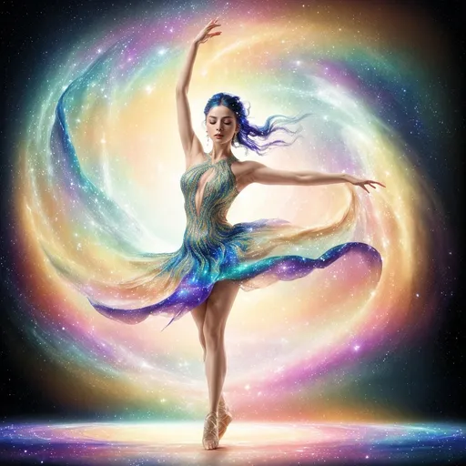 Prompt: a stunning depiction of a dancer whose flowing movements create beautiful, swirling galaxies. The dancer's form and dress are painted with stars and cosmic dust, illustrating the harmony between human expression and the universe. Light background 