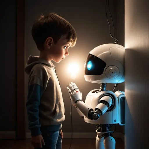 Prompt: a little person, boy and a robot are standing facing each other  in a dark room with a light on their face and hands, photo realistic render, style of Looney Toons