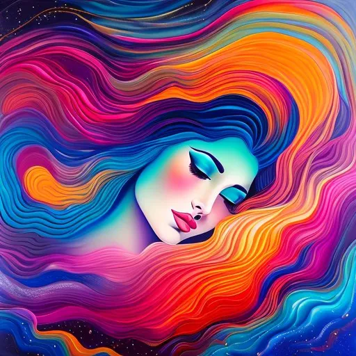 Prompt: Surreal portrait of beautiful female, long hair, queen, cosmic landscape background, acrylic on canvas in style of post modernism 