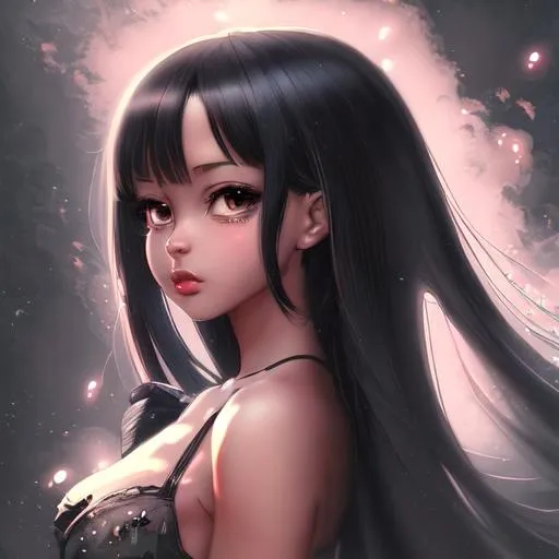 Prompt: anime character, background digital painting, digital illustration, extreme detail, digital art, ultra hd, vintage photography, beautiful, aesthetic, style, hd photography, hyperrealism, extreme long shot, telephoto lens, motion blur, wide angle lens, sweet, blissful, wonderful, innocent, hot, seductive black girl, amazing quality, beautiful