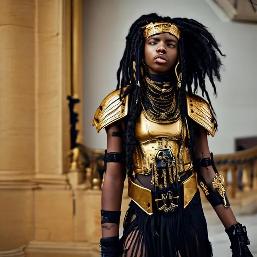 Prompt: Young black woman Nike dressed in armor accessories in gold. Hair in dreads wearing  black leather dress 