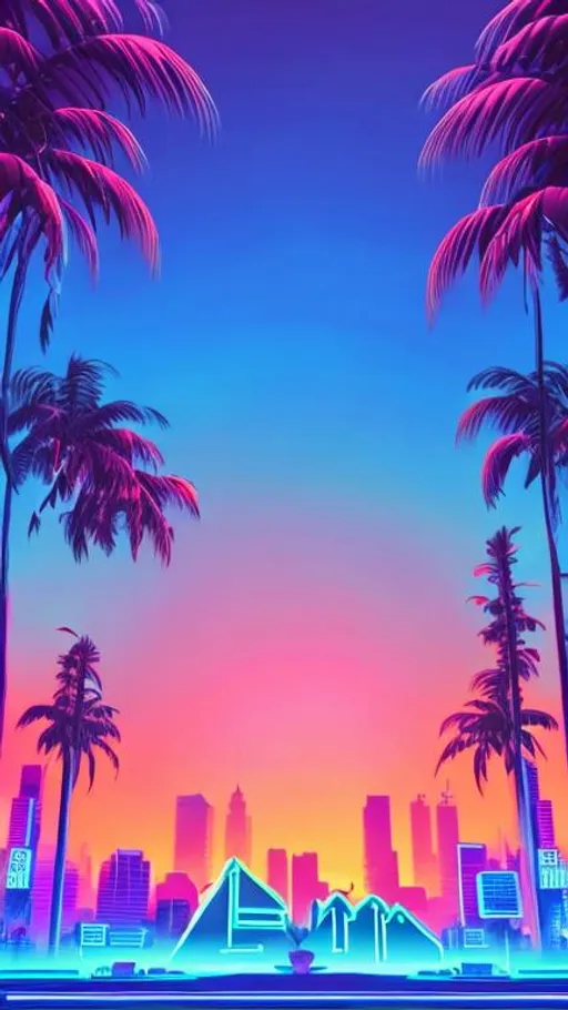 Prompt: vaporwave city, neon lighting, beautiful sunset, palm trees, Retro, high quality, 4k, visible sun