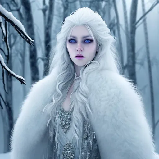 Prompt: the ice queen with beautiful white hair and ice cold eyes, white clothes with fur coat, standing in the snowy forest
