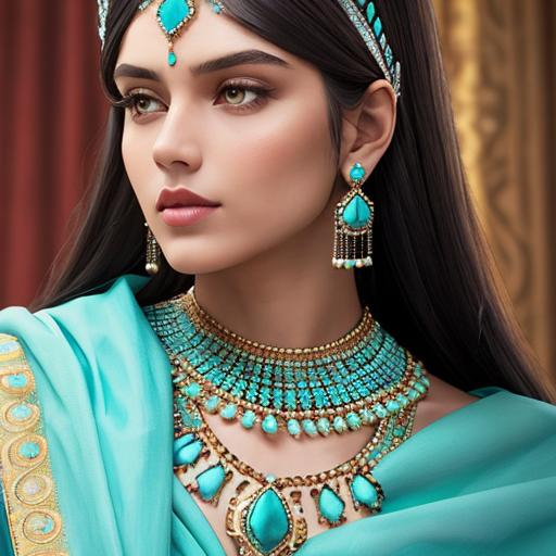 Woman with long dark hair, wearing a turquoise studd...