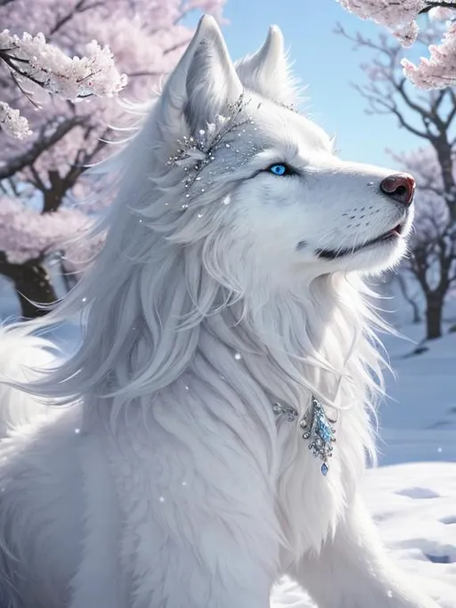 Prompt: highly detailed Portrait of alluring fantasy silvery-white ((wolf)), (canine quadruped), wild, stunning, billowing voluminous mane, gleaming ice blue eyes, photorealistic quality, in magical environment, furry tail, cherry blossoms, sakura trees, frosted blossoms, snow dusted fur, highly stylized face and tail, extremely beautiful, presenting magical jewel, magical silver scarf, intricate detailed, extremely complex art, ray tracing, thick glistening mane, masterpiece, close up, extreme close up, mid close up, by Thomas Kinkade, by Ismail Inceoglu, trending on Instagram, artstation, highly detailed eyes, 8k eyes, HARDWARE Photographic Art Direction, WLOP 5, realistic canine body, centered, anime Character Design, Unreal Engine, Beautiful, Tumblr Aesthetic,  Hd Photography, Hyperrealism, Beautiful oil Painting, Realistic, Detailed, Painting By Olga Shvartsur, Anne Stokes, Svetlana Novikova, Fine Art
