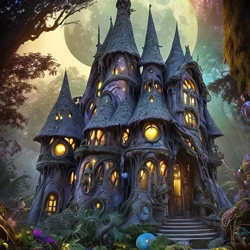 Prompt: "In a hidden corner of the enchanted forest, there stands a magical house that shifts its form with the phases of the moon. Rumored to be the creation of an ancient sorcerer, the house is said to possess rooms that defy the laws of reality. As curious adventurers approach, the house beckons with a shimmering, ever-changing doorway, ready to reveal its mysteries to those who dare to enter. Describe your journey as you step into the magical house and encounter the unexpected wonders that lie within."