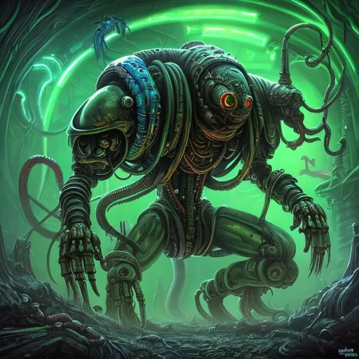 Prompt:  fantasy art style, painting, robotic, green, green lights, green neon lights, lightning, colourful, murky, H. R. Giger, biological mechanical, pipes, evil robot, egg, queen, queen ant, snakes, serpents, eels, tentacles, jellyfish, squid, giant robot, robot, machine, pregnant robot, war machine, inseminate, insemination, pregnancy, pregnant, mother, mother with pregnant belly, pregnant woman, futuristic, dystopian, alien, aliens, forced insemination, egg laying