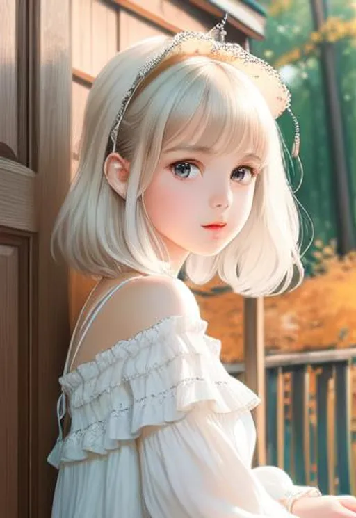 Prompt: portrait picture of 1 girl vintage, beautiful young small body, highly detailed, loli masterpiece ultra realistic hyperdetailed off the shoulder white cotton fluffy blouse with string knots, ruffles, highly detailed beautiful face, beautiful gloss brown eyes, highly detailed beautiful gloss lips, fluffy white short hair, stray hairs, sitting in front of door of old wooden house in the forest, autumn environment, hopeful, smile, beautiful detailed shading, studio lighting, natural light, iridescent reflection, sunshine, cinematic light, soft front light, volumetric lighting maximalist photo illustration 4k, resolution high res intricately detailed complex, sharp focus, digital painting, clean art, professional, colorful, rich deep color, concept art, CGI winning award, impressionist Painting, Degas Style Painting, UHD, HDR, 8K, RPG, inspired by wlop, UHD render, HDR render, 3D render cinema 4D