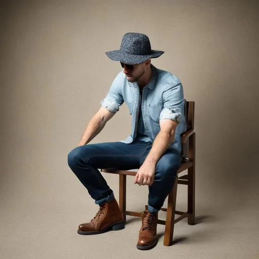 Prompt: man wear Hat on head sit on chair photos in hand
