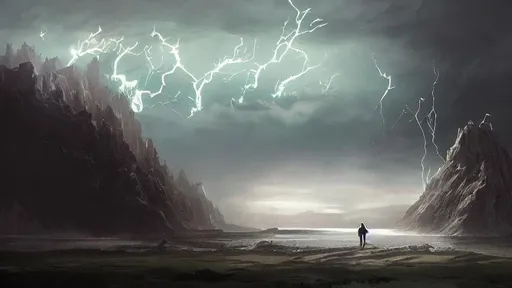 Prompt: fantasy concept art by greg rutkowski of a large monolithic MOUNTAIN SPLIT IN TWO BY LIGHTNING, hooded figure in the foreground looks out over a swampy landscape, ominous sky, dense lightning, fog, exegol, rock outcroppings, gestural oil painting style, backlit, cinematographic morning light, artstation hq,