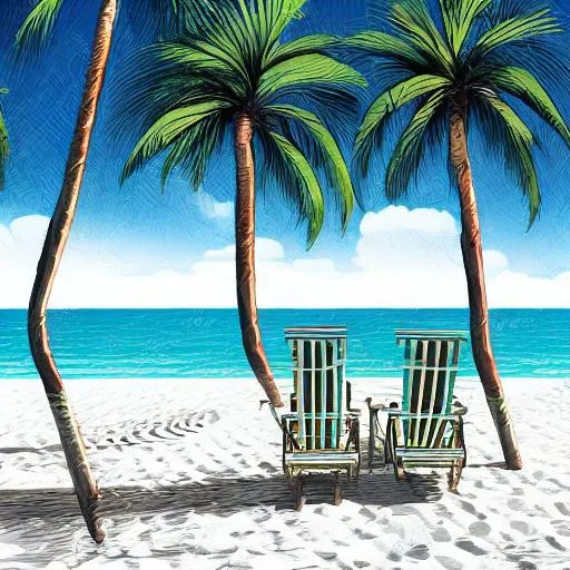 Prompt: Beach chairs on the white beach, palm trees, illustration