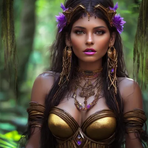 Prompt: HD 4k 3D professional modeling photo hyper realistic beautiful enchanting dark incan sorceress peruvian woman dark hair brown skin brown eyes gorgeous face purple dress and gold  jewelry nature magical rainforest  incan ruins landscape hd background ethereal mystical mysterious beauty full body