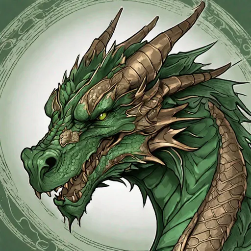 Prompt: Concept design of a dragon. Dragon head portrait. Coloring in the dragon is predominantly dark green with bronze streaks and details present.