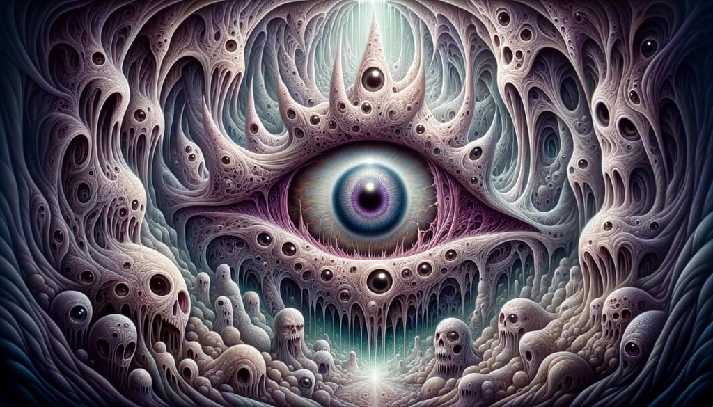 Prompt: An intricate airbrush art illustration of a dreamlike realm where the dominant feature is a glowing, omniscient eye, surrounded by bizarre and eerie structures, hinting at the terror of the unknown.