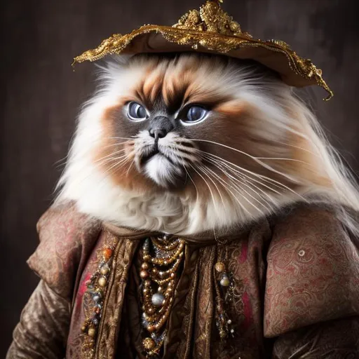 Prompt: Photo realistic image of a stunningly beautiful Himalayan cat, dressed in 1700s Renaissance clothing, complete with hat with feathered plumes, close up portrait shot, Nikon 35 mm fixed lens, natural light,