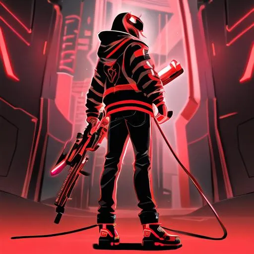 Prompt: Male character, black but red neon gas mask, cyber netrunner hood (black but neon red), neon red Sword In its Back, Red Mecha Cyber Jacket, black jeans, red shoes