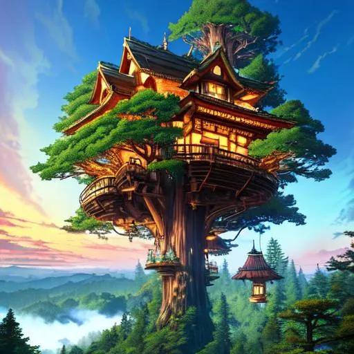 Prompt: fantasy treehouse in a {gigantic 150m redwood}, lanterns, high in the sky, sunset, clouds, high above other trees, Azulejo, ultrarealistic, world masterpiece, bird's eye view, hyperrealistic, super detailed, HDR, 8k, high quality, trending on artstation, pixv, by studio ghibli, by larry elmore, unreal engine 5 