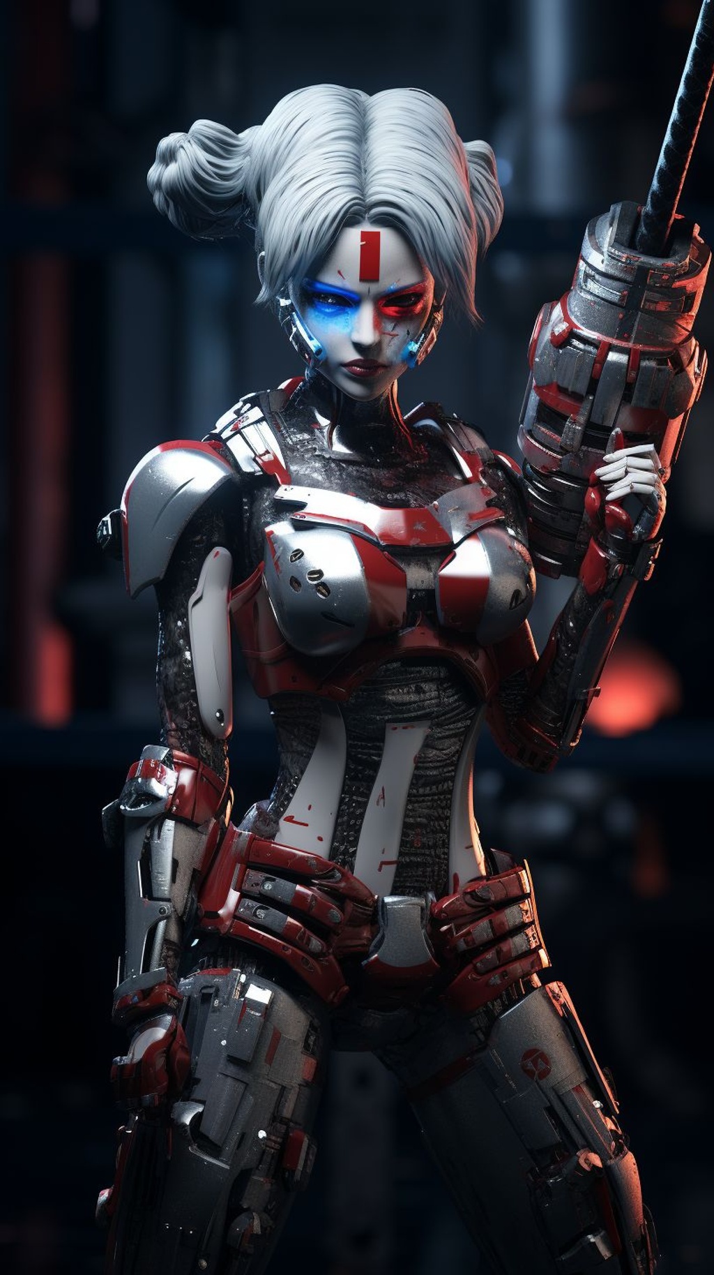 Prompt: a full body metal sculpture of harley quinn with a baseball bat, in the style of futuristic digital art, depth of field, greeble, elegant, emotive faces, futuristic robots, 8k resolution, deconstructive