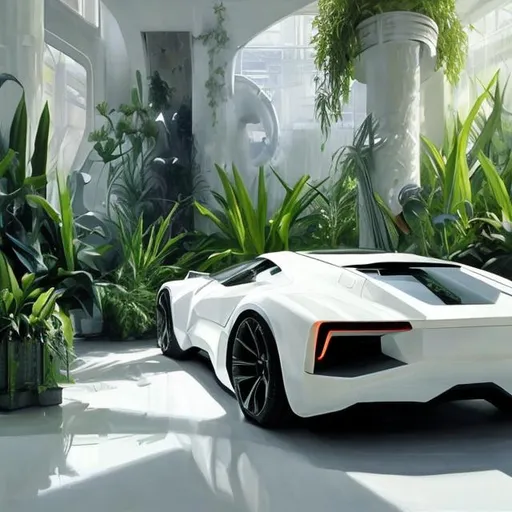 Prompt: White futuristic car  with lot of plants hiper-realistic oil paint         