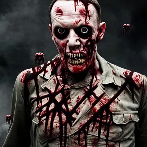 Prompt: zombie, nazi, realistic, nazi zombie, real-life, hyper-realistic, zombie hitler, undead, hitler, draugr, scabs, bruises, blood, violent, eugenics, murder, evil, angry, far-right