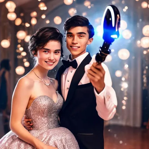 Prompt: Boy in a tuxedo holding his magic wand and standing next to his girlfriend who is in a big red puffy sparkly ball gown at prom