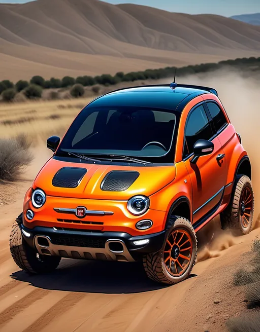 Prompt: Fiat 500 EV mixed with Jeep Wrangler, (off-road race car), rugged design, sleek aerodynamic features, high-performance tires, adventurous atmosphere, (vibrant colors), dramatic lighting, detailed metal textures, adrenaline-fueled energy, against a (dynamic landscape) of rolling hills, dirt track, and challenges demonstrating durability, powered and electrifying future. 4K, ultra-detailed.