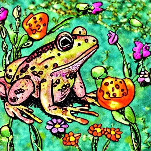 Prompt: toad, frog, flowers, aesthetic, cute, cartoonish, fairycore, flower garden, vintage