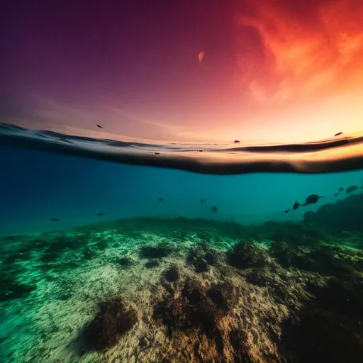 Prompt: Looking at the sky from
Underwater sunset