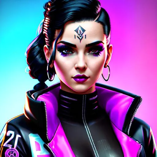 Prompt: Realistic lady assassin wearing cyberpunk streetwear, clear wide perfect eyes, facial tattoos, face tattoos, black hair, black hair, short 1920's retro waves hairstyle, Rachel from bladerunner, hit pink backdrop, cybernetic arms, detailed full body length photo, 8 k, vivid colours, concept art by wlop, ilya kuvshinov, artgerm, krenz cushart, greg rutkowski, pixiv. cinematic dramatic atmosphere, sharp focus,  pink lighting, hyper detailed, full body length shot