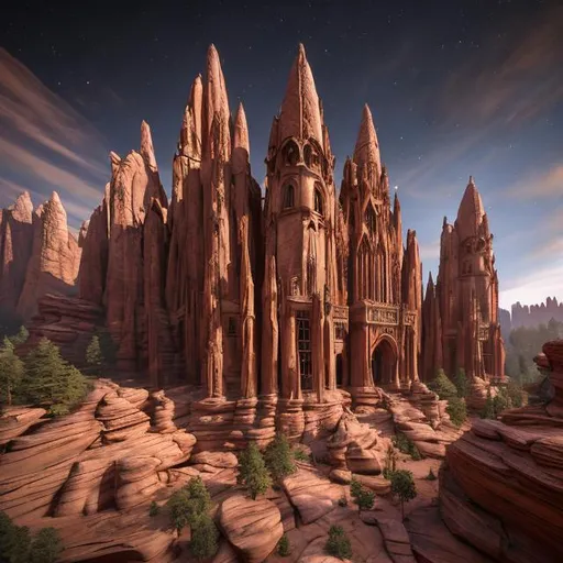 Prompt: beautiful dwelling complex of sandstone, built in red rock canyon, a fusion of star wars and gothic revival architecture, natural volumetric lighting, realistic high detail 4k render, concept art,