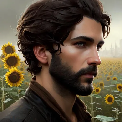 Prompt: Splash art portrait of a skinny ruggedly handsome dark brown haired man with short hair, with a very light stubble, 30 years old, in a sunflower field, very dark brown eyes, victorian light clothes, elegant, highly detailed, intricate, smooth, sharp focus, artstation, digital painting, concept art, art by greg rutkowski, alphonse mucha and John William Waterhouse, light, romantic, 