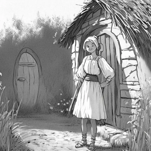 Prompt: Black and white drawing.  A smiling, thin, short 16-year-old blonde girl in simple antiquated peasant clothes is seen from the waist up in the sun.  The open door of the very small hut she just left is visible immediately behind her.