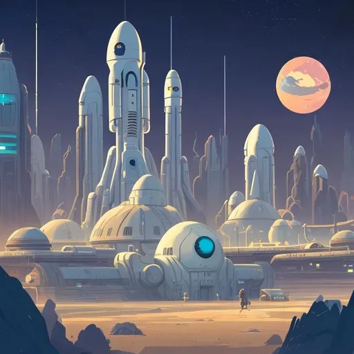 Prompt: a spaceport environment, background art, pristine concept art, small, medium and large design elements, late night, in the style of Ralph McQuarrie, flat 2d illustration