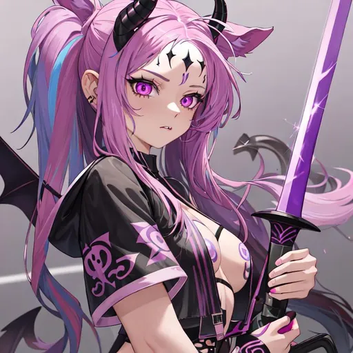 Prompt: Haley as a demon horse hybrid (pink and purple multi-color hair) (multi-color eyes)(she has horse ears) (demon tail), scars covering her body, wearing a crop top and shorts, tattoos on her arms, holding a rapier sword 