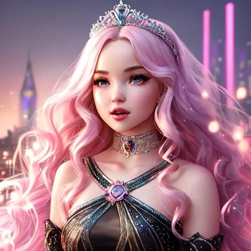 Prompt: Dove Cameron, Hyper realistic, detailed face, singing with mic, battlefield ethereal glittery pink lace royal princess two piece short dress, floating city in background, jewelry set, curly long black hair, stage with lights  in the background, royal vibe, highly detailed, digital painting, HD quality, pale skin, artgerm, by Ilya Kuvshinov 
