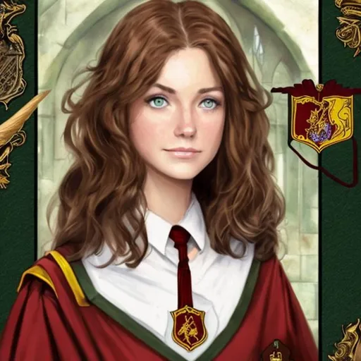 brown-haired, green-eyed woman as a Gryffindor stude... | OpenArt