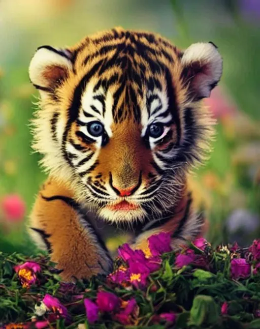 Prompt: cute baby tiger with flowers in landscape