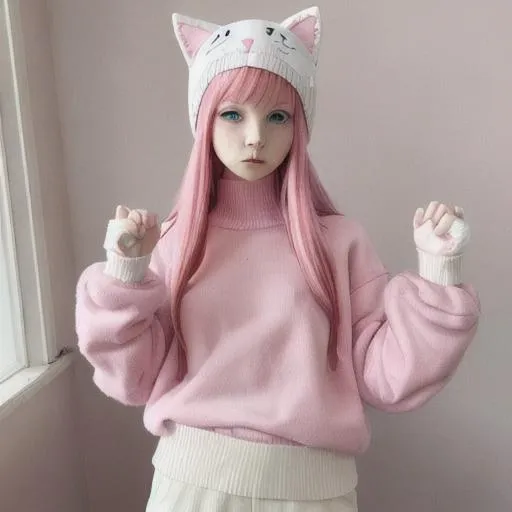 Prompt: Pink hair white cozy sweater short beans pants dark pink eyes kitty cat hat female 17 