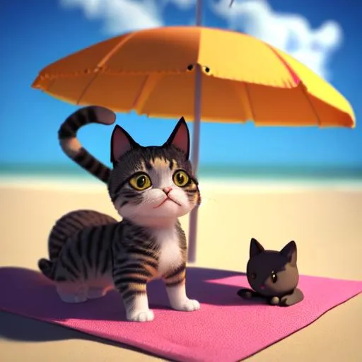 Prompt: 3d blender render of a little cat on the beach on a towel with a beach umbrella over the little cat