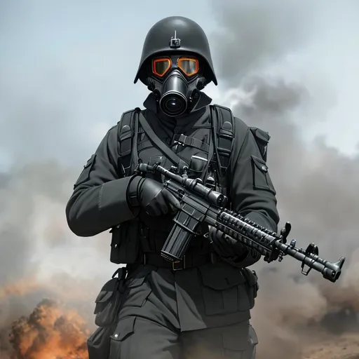 Prompt: Several mordern male black color with gas mask black,from coast in the trenches, Highly Detailed, Hyperrealistic, sharp focus, Professional, UHD, HDR, 8K, Render, electronic, dramatic, vivid, pressure, stress, nervous vibe, loud, tension, traumatic, dark, cataclysmic, violent, fighting, Epic, Last battle in earth.

