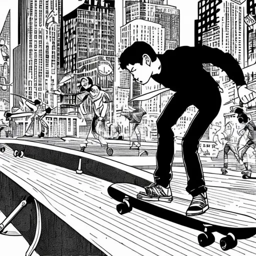 Prompt: 90s comic Graphic art of a person riding skateboards in the city with proper looking faces black and white  skateboard with wheels