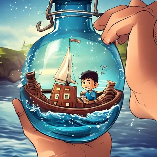 Prompt: A ship inside the bottle and the bottle is in the hands of small boy