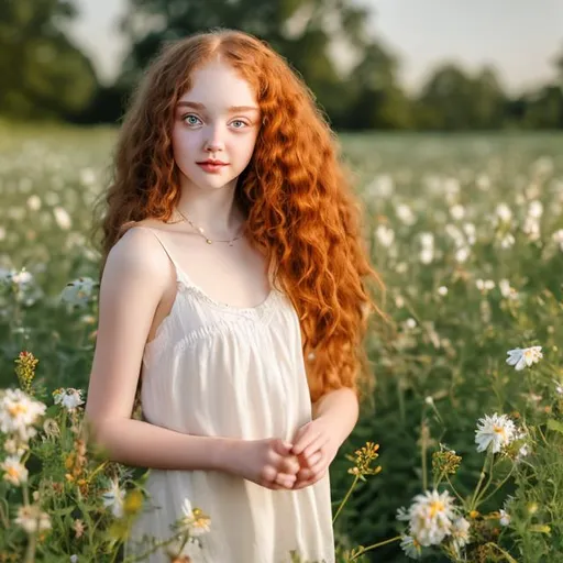 Prompt: "teenage girl, long curly red hair, green eyes, light makeup, wearing a white linen sundress, possing in a sunny flower field, soft lens, photorealistic portrait"*
