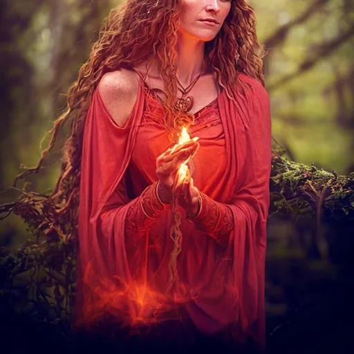 Prompt: celtic pagan goddess: Bridgid. Fire, herbal healing, water well, woman. red warrior goddess. 