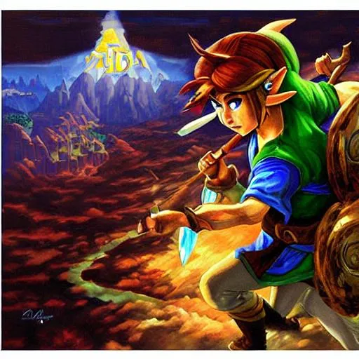 Prompt: full art oil painting The legend of Zelda tears of the kingdom poster