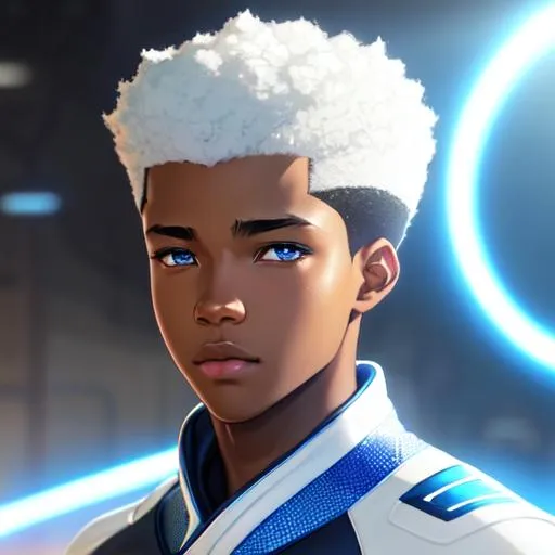 Prompt: sixteen-year old black teenage boy, African-American hair texture, short close-cropped fade haircut, white and blue jumpsuit, superhero, smooth soft skin, glowing blue eyes,  symmetrical, soft lighting, detailed face, concept art, digital painting, by rossdraws, makoto shinkai, Alex Flores, Dao Trong Le, Mingchen Shen, Newmilky, stanley artgerm lau, wlop