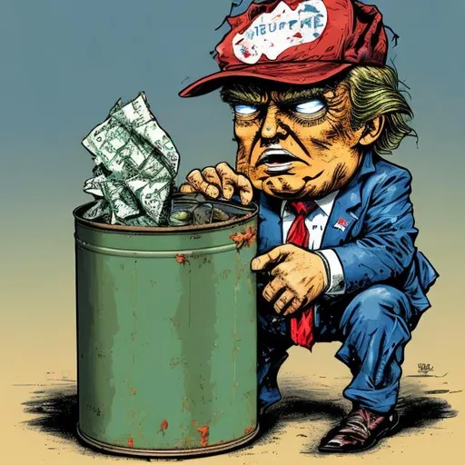 Prompt: dark-blue-suit-Trump-Caricature: Tattered one green dollar note sticking out of a rusty tin can of tattered beggar Trump's rusty tin can, too long red tie + tattered darkblue suit, Trump sitting on court steps, bright colored Sergio Aragonés MAD-magazine style