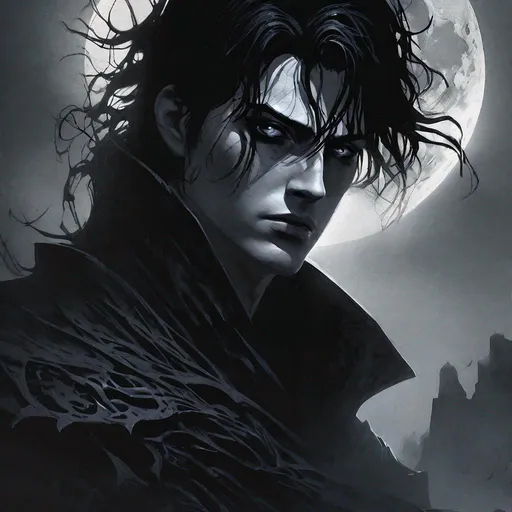 Prompt: (concept art of detailed character design), Character art of a young male shadow sorcerer, detailed face, black clothes, black hair, black mist coming out of hand, wearing a long coat, Gloomy lighting, in a dark room, moonlight, Fantasy, digital art, 8k, trending on artstation,  by Greg Rutkowski, insanely detailed, trending on art station, by pascal blanche, Rutkowski, D&D character art
