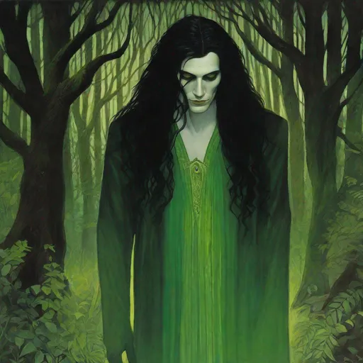 Prompt: A Male Sluagh from Changeling: The Dreaming, standing in a dark forest. he has pale white skin, deep under-eye circles, and long, flowing black hair. His eyes are large and almond-shaped, and they glow with an eerie green light. he wears a dress that is made of shifting shadows. Her skin is covered in strange markings, and her nails are long and sharp.Well draw face, detailed. changeling the dreaming. Rpg art. 2d art. 2d. Well draw face, detailed. changeling the dreaming. Rpg art. 2d art. 2d. 